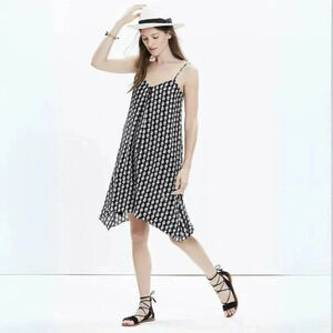 Madewell 100% Silk Trapeze Cami Dress Black White Bloomstamp Pockets Size Med